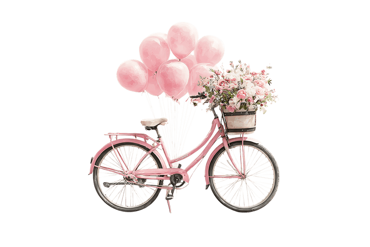 Romantic pink bicycle with flowers and balloons. Perfect for birthday, Valentine's Day, or anniversary.