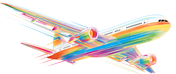 Colorful rainbow airplane illustration for travel and aviation