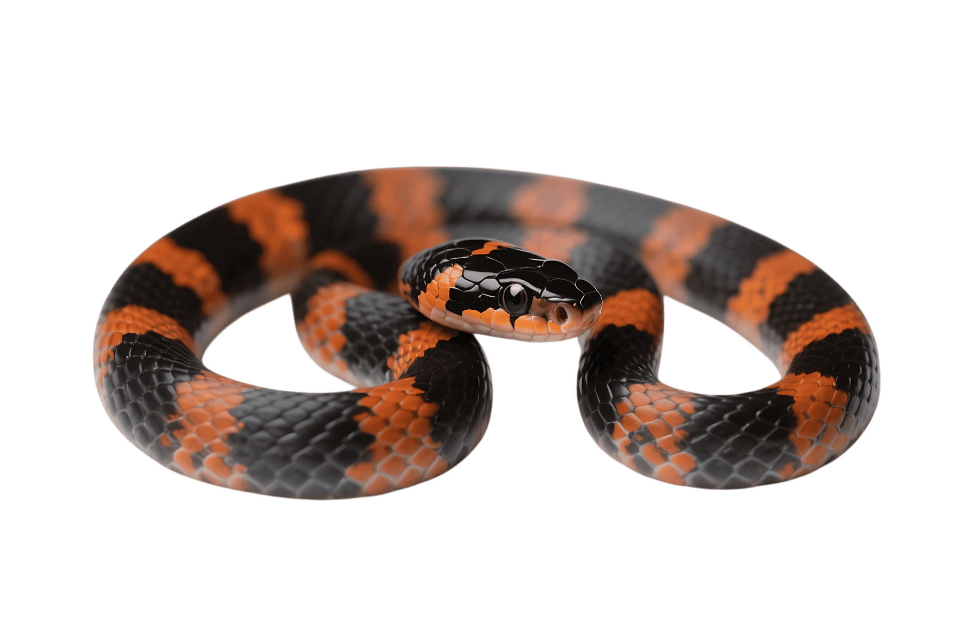Striking orange and black ringed snake coiled