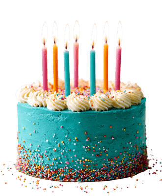 Teal birthday cake with colorful candles
