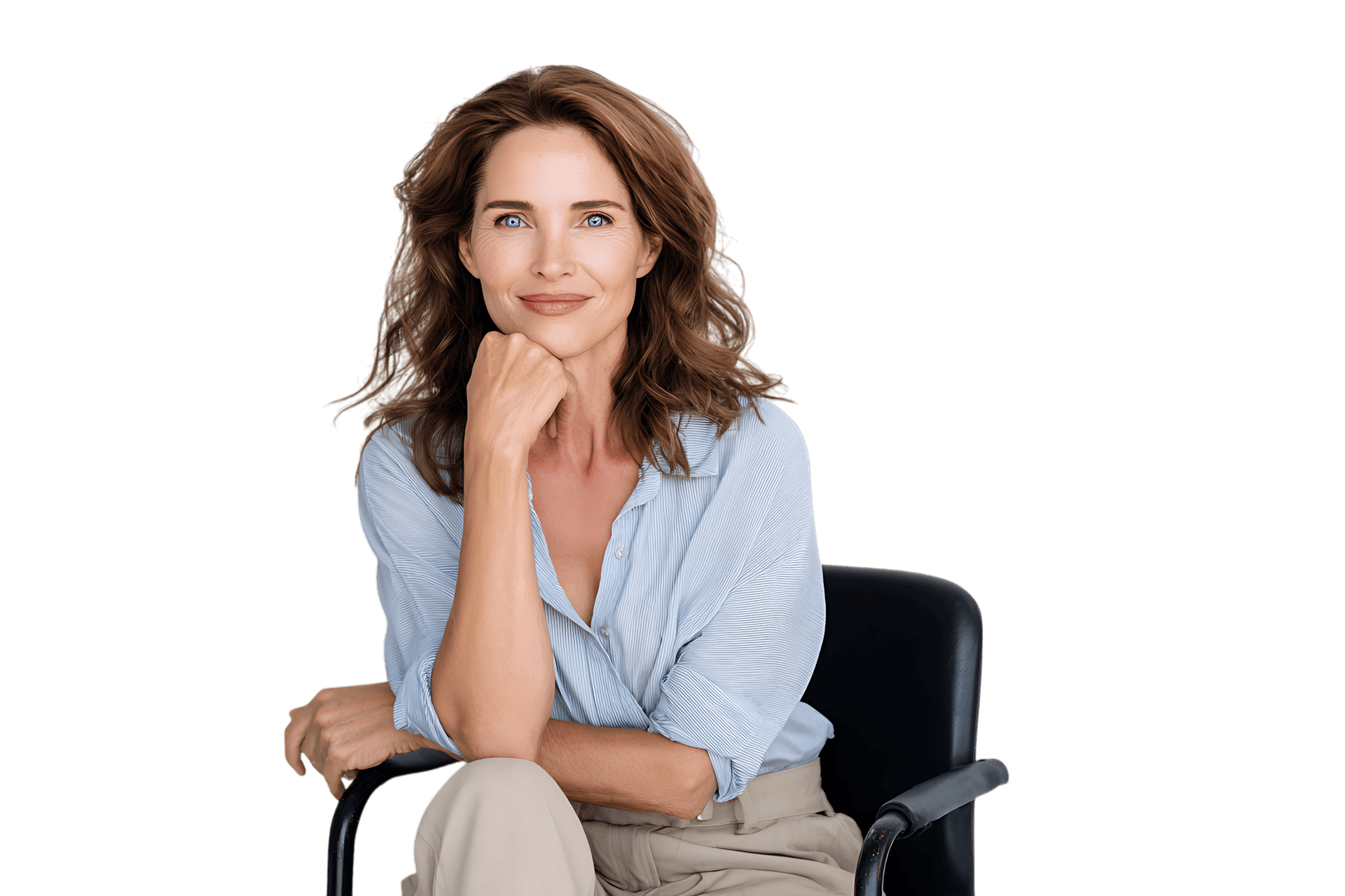 Confident mature woman sitting, looking at camera.