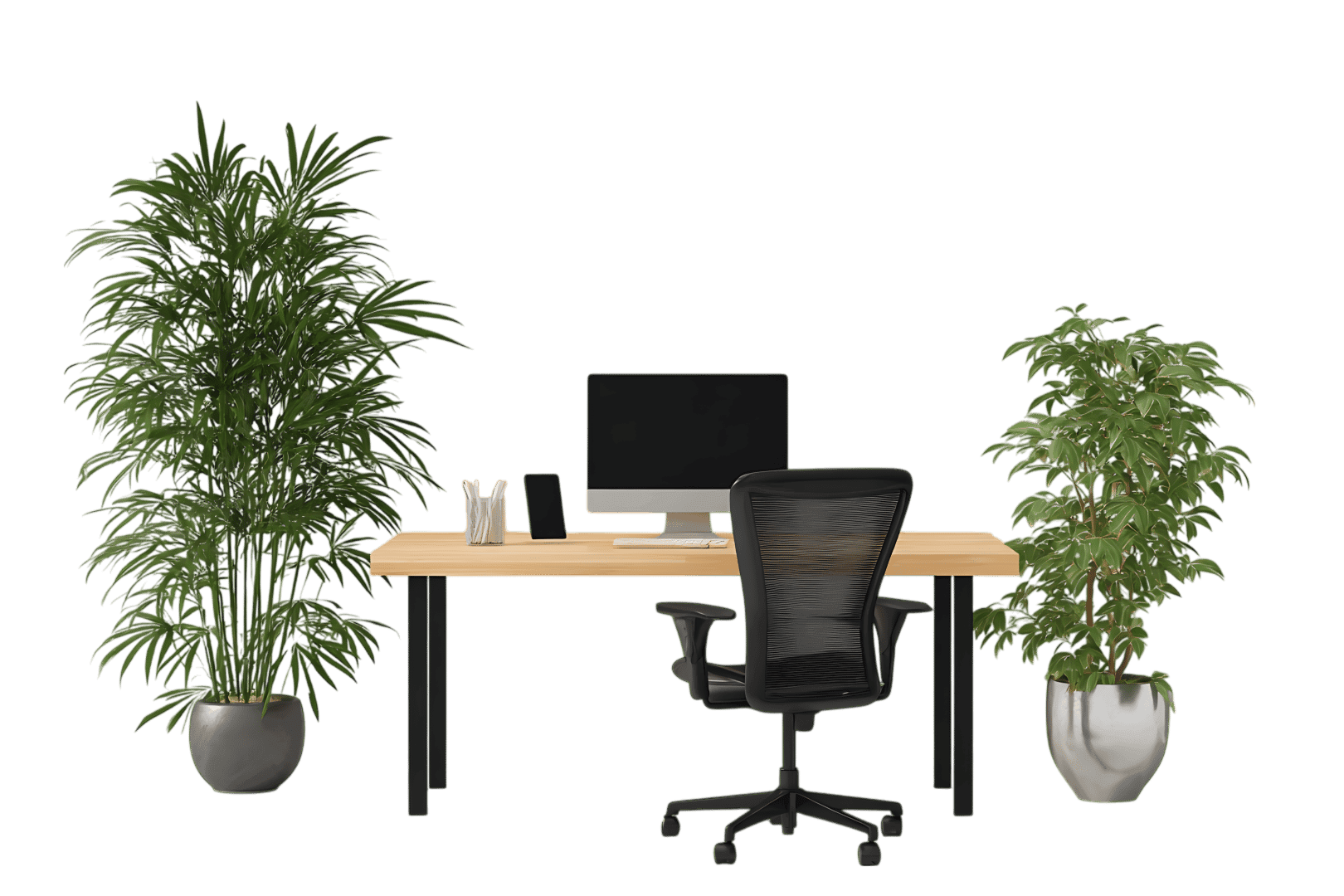 Modern home office with plants and computer