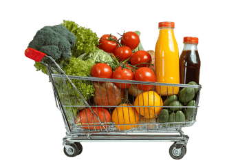 Shopping cart full of fresh produce and juices.