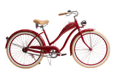 Vintage style red bicycle with chrome accents and cream tires.
