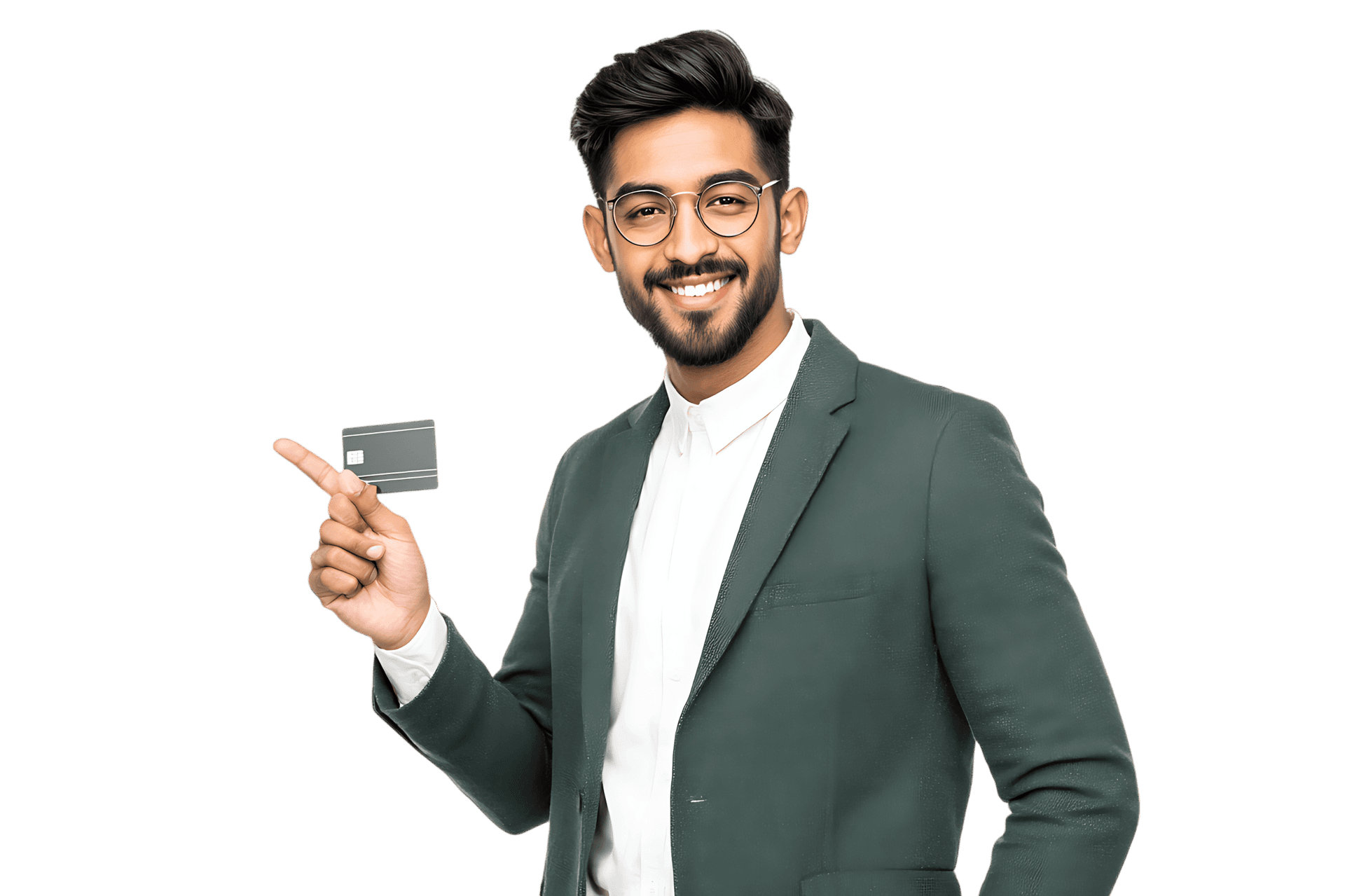 Smiling businessman holding and pointing at a credit card.