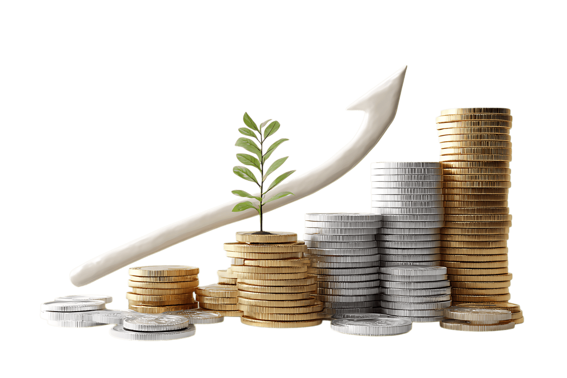 Stacks of coins with upward arrow and plant, symbolizing investment growth.