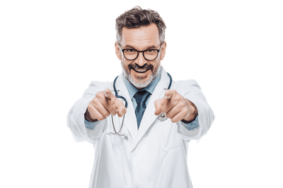 Smiling doctor points at you