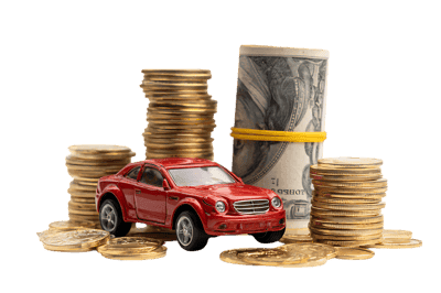 Red toy car surrounded by stacks of coins and rolled up banknotes.