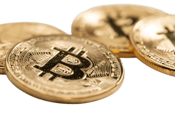 Close up of several golden Bitcoin cryptocurrency coins.
