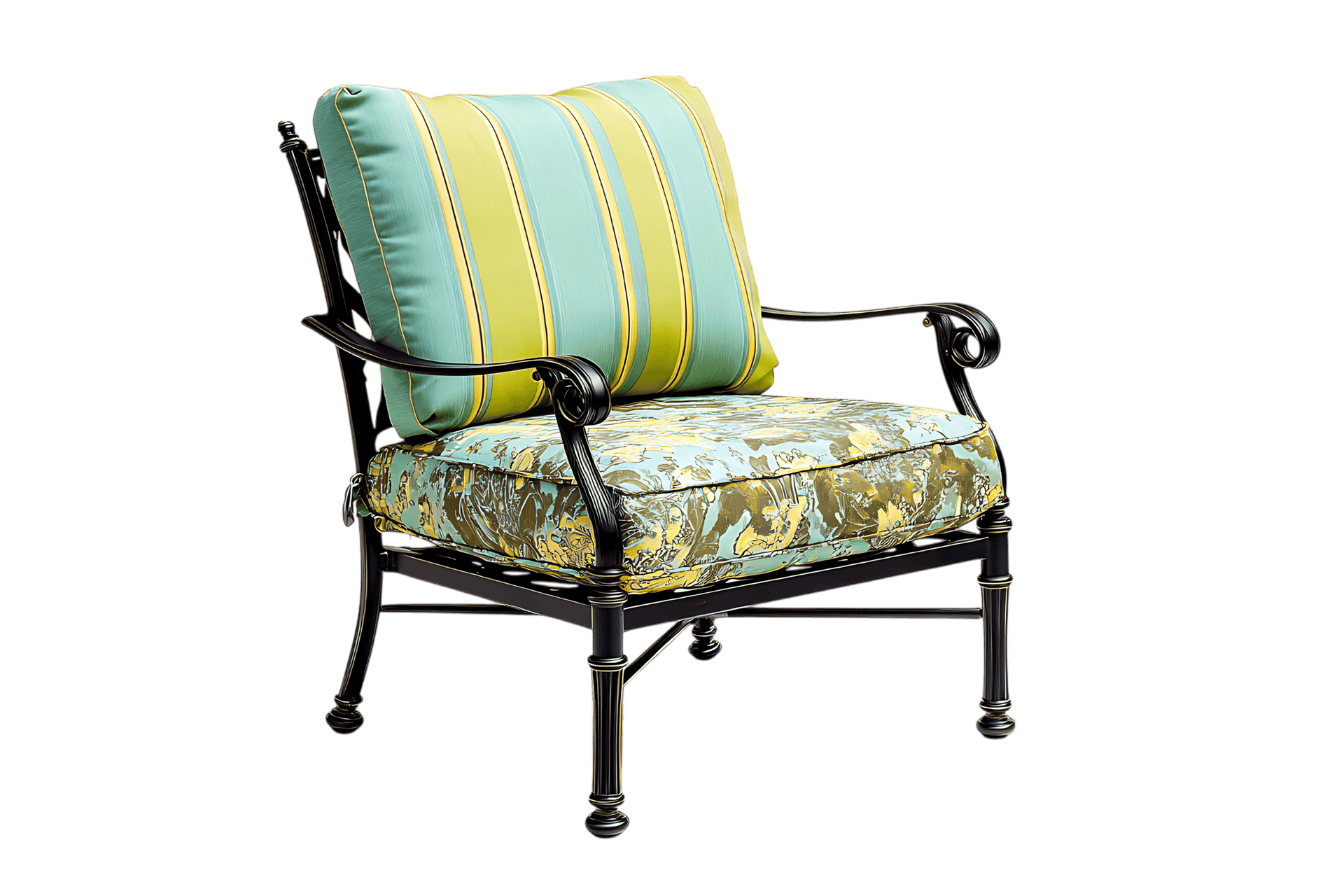 Stylish patio chair with vibrant cushions