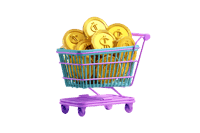 Shopping cart full of gold coins. Concept of wealth, finance, and shopping.