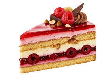 Delicious raspberry cake slice with cream and nuts