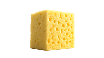 A cube of Swiss cheese with holes.