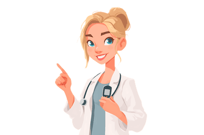 Smiling female doctor points, holding device.