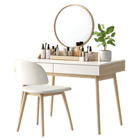 Modern white dressing table with mirror and chair