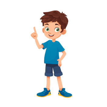 Cartoon boy pointing up with a bright idea.