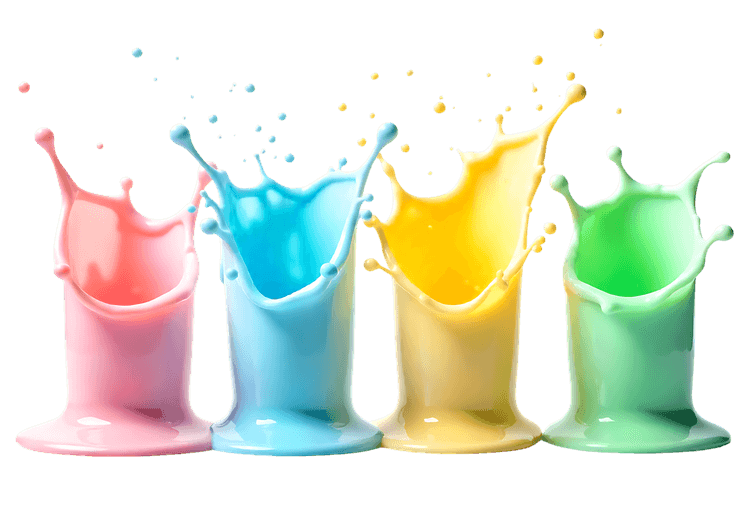 Vibrant splashes of pink, blue, yellow, and green milk or paint creating dynamic shapes against white background