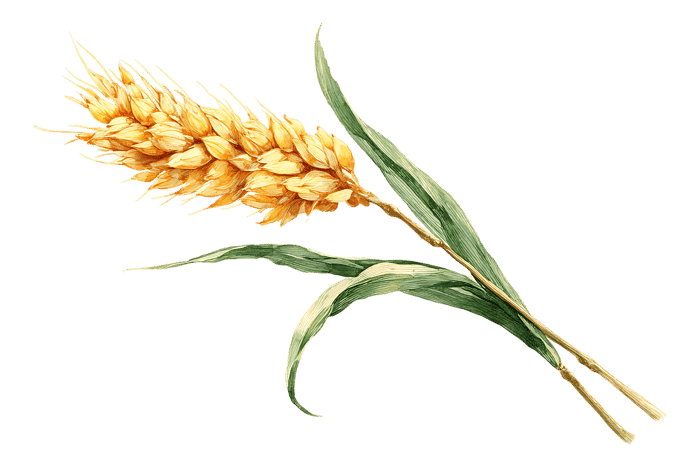 Single stalk of ripe wheat with leaves