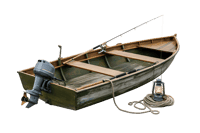 Vintage fishing boat with motor, lantern, and fishing rod