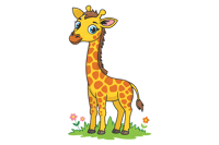 Cartoon giraffe standing on grass with flowers