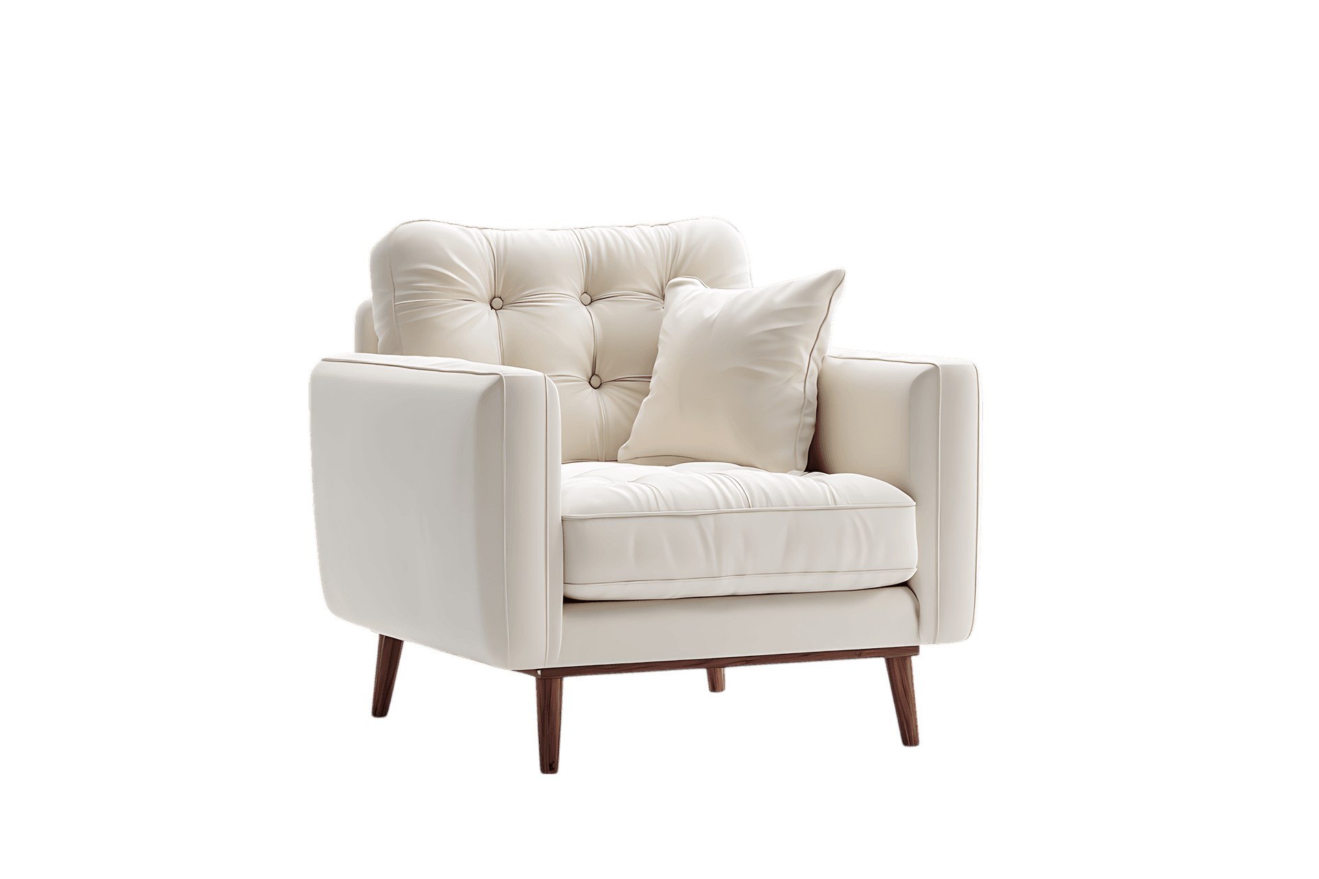 Cream colored armchair with button tufting and wooden legs