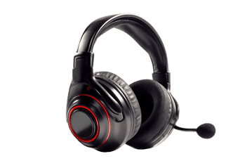 Black gaming headset with red accents. Close up studio shot.