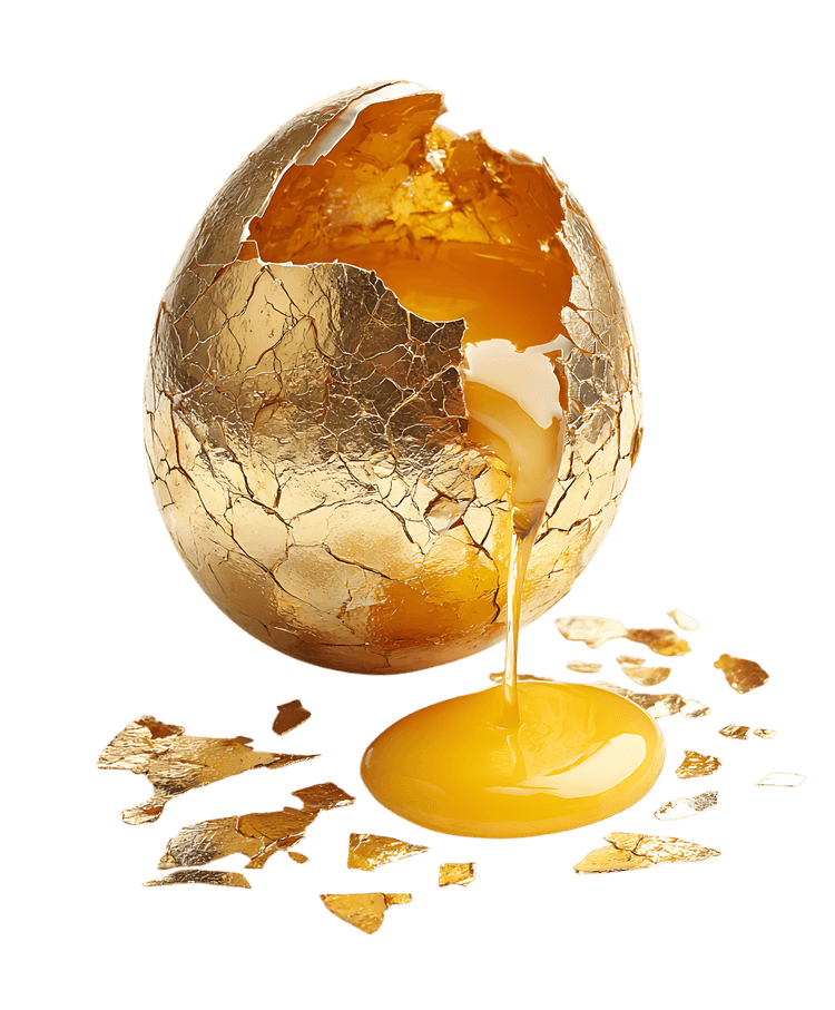 Golden egg yolk spills out of cracked shell.