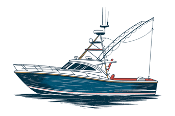 Blue sport fishing boat illustration on transparent background
