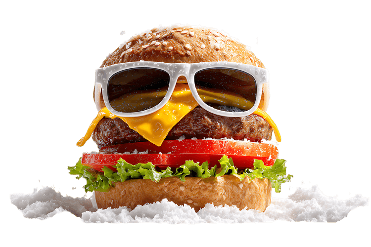 Cheeseburger in sunglasses on snow