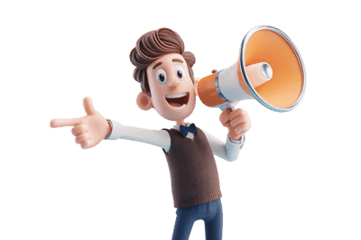 Cartoon man with megaphone pointing and making an announcement