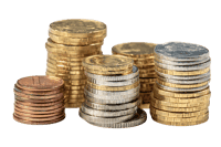 Various coins stacked high, representing wealth, finance, and savings.