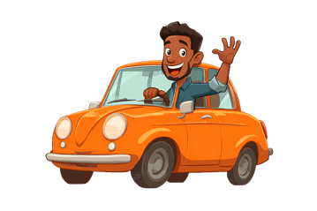 Man driving an orange cartoon car