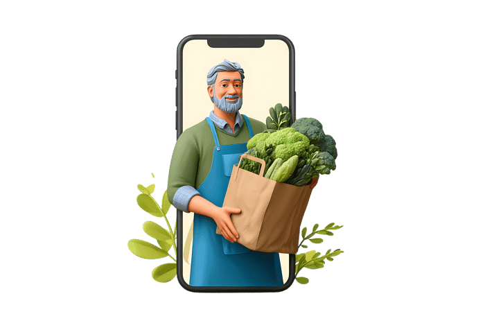 Happy man holding grocery bag with fresh vegetables on smartphone screen.