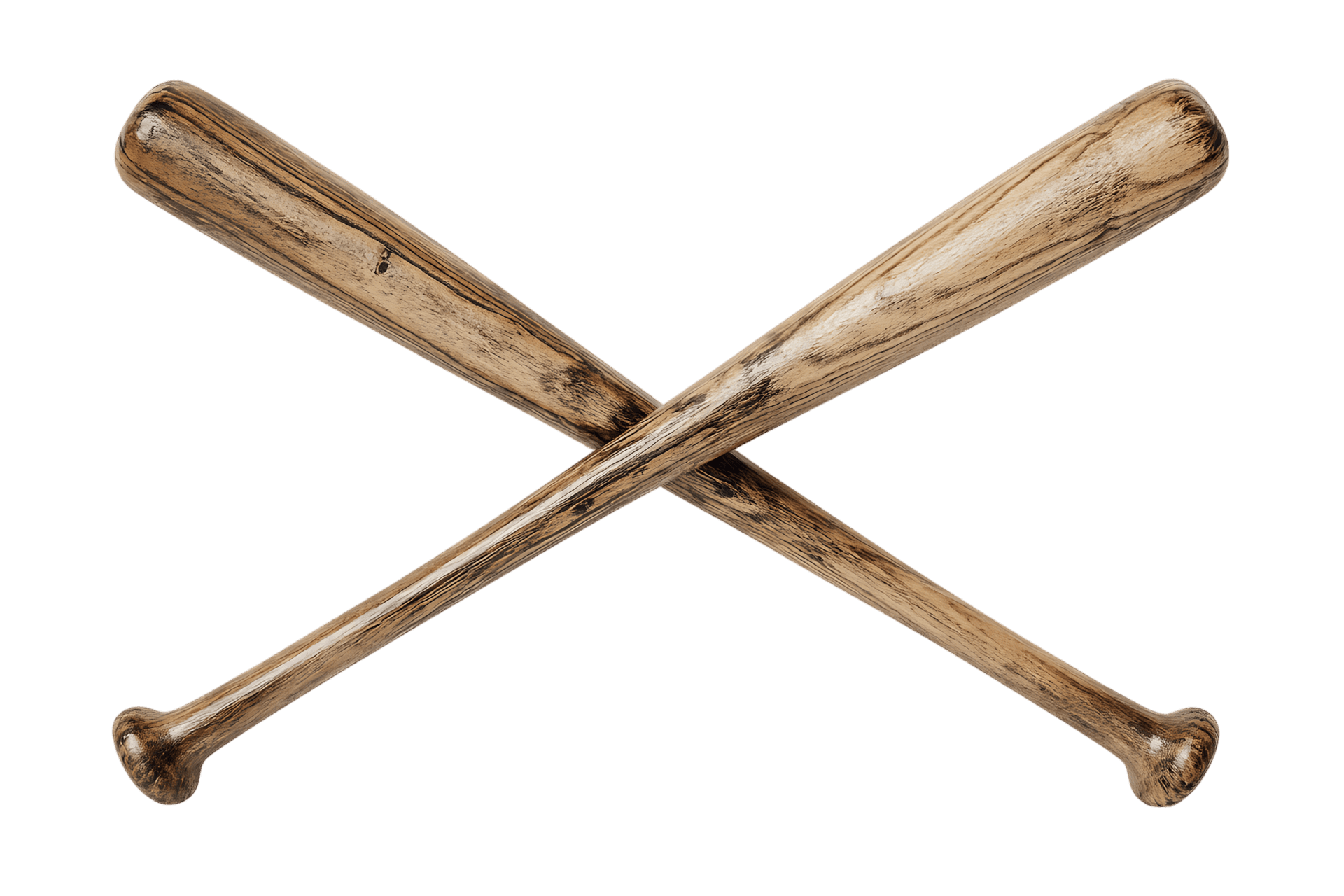 Two crossed baseball bats, sport equipment.