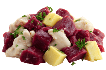 Raw diced beef and chicken with butter pieces