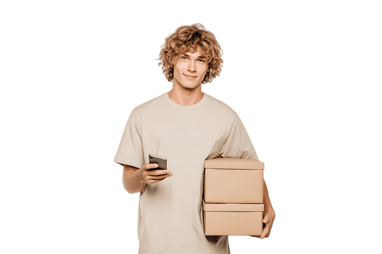 Smiling delivery person holding boxes and phone.  Fast shipping, ecommerce concept.