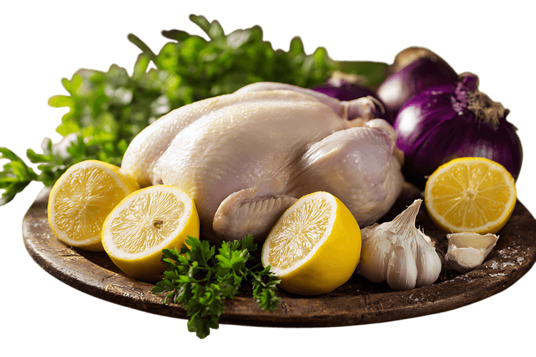 Fresh whole chicken ready for cooking with lemon, garlic, and herbs.