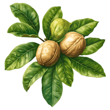 Two walnuts on a branch with green leaves