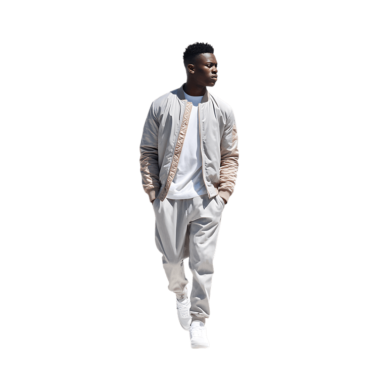 Confident male strolling, showcasing modern fashion.