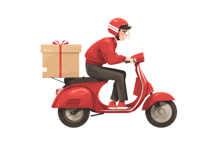 Delivery man on a red scooter carrying a gift box.