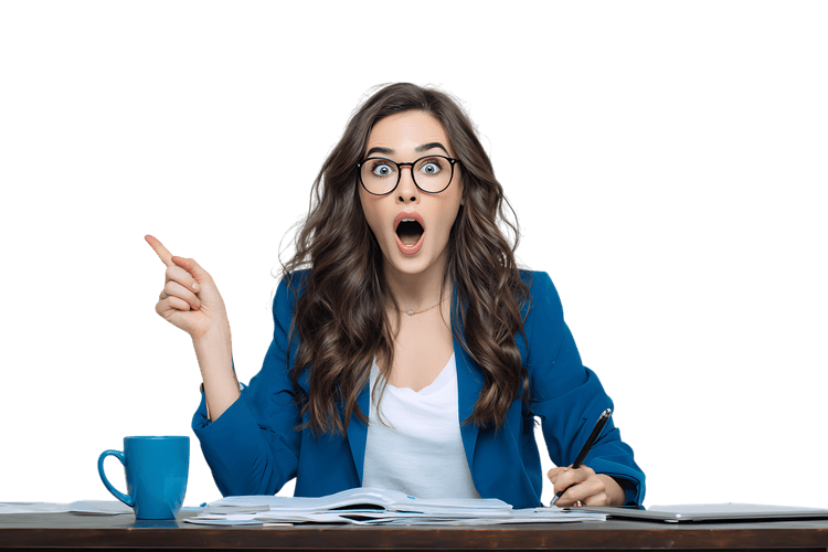 Surprised businesswoman pointing at something.