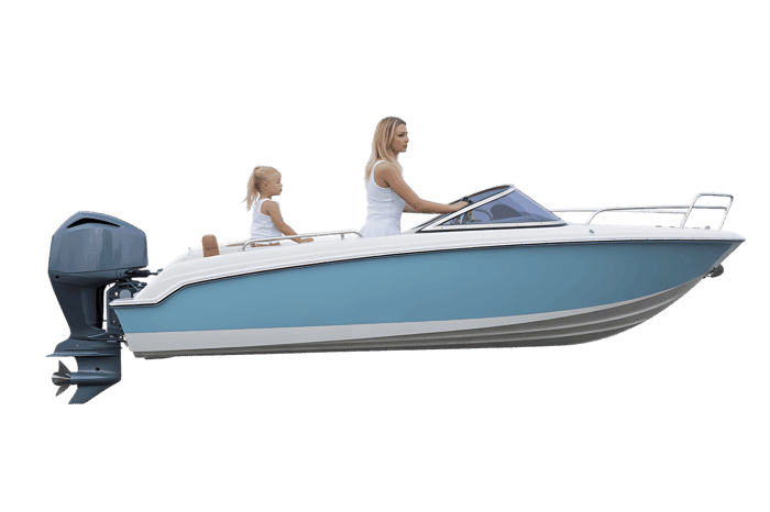 Woman and child in a light blue motorboat on black