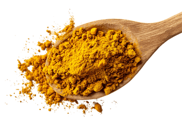 Ground turmeric spice on a wooden spoon, isolated on black.