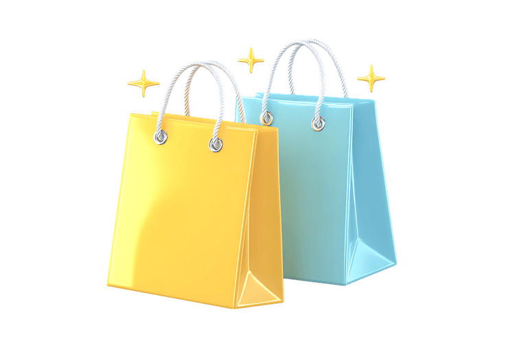 Two shopping bags, yellow and blue, with sparkles.