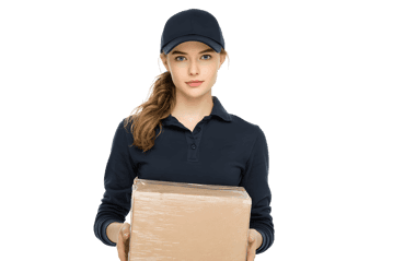 Delivery woman holding a package, ready for delivery
