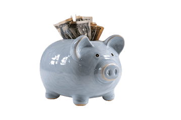 Light blue piggy bank with dollar bills505.