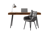 Stylish workspace with wooden desk  grey chair  and lamp.