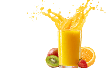 Glass of orange juice splashing with fresh fruits around including kiwi, strawberry, and orange slices250