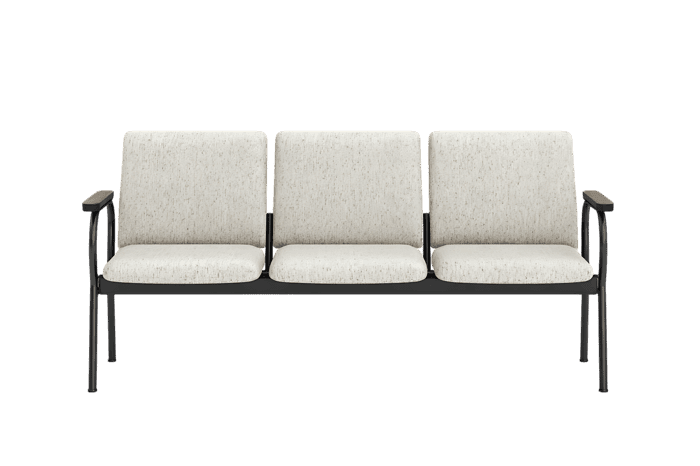 Modern three seater bench with off white cushions and a black metal frame.