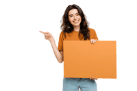 Smiling girl pointing at blank orange sign, isolated on black background812.